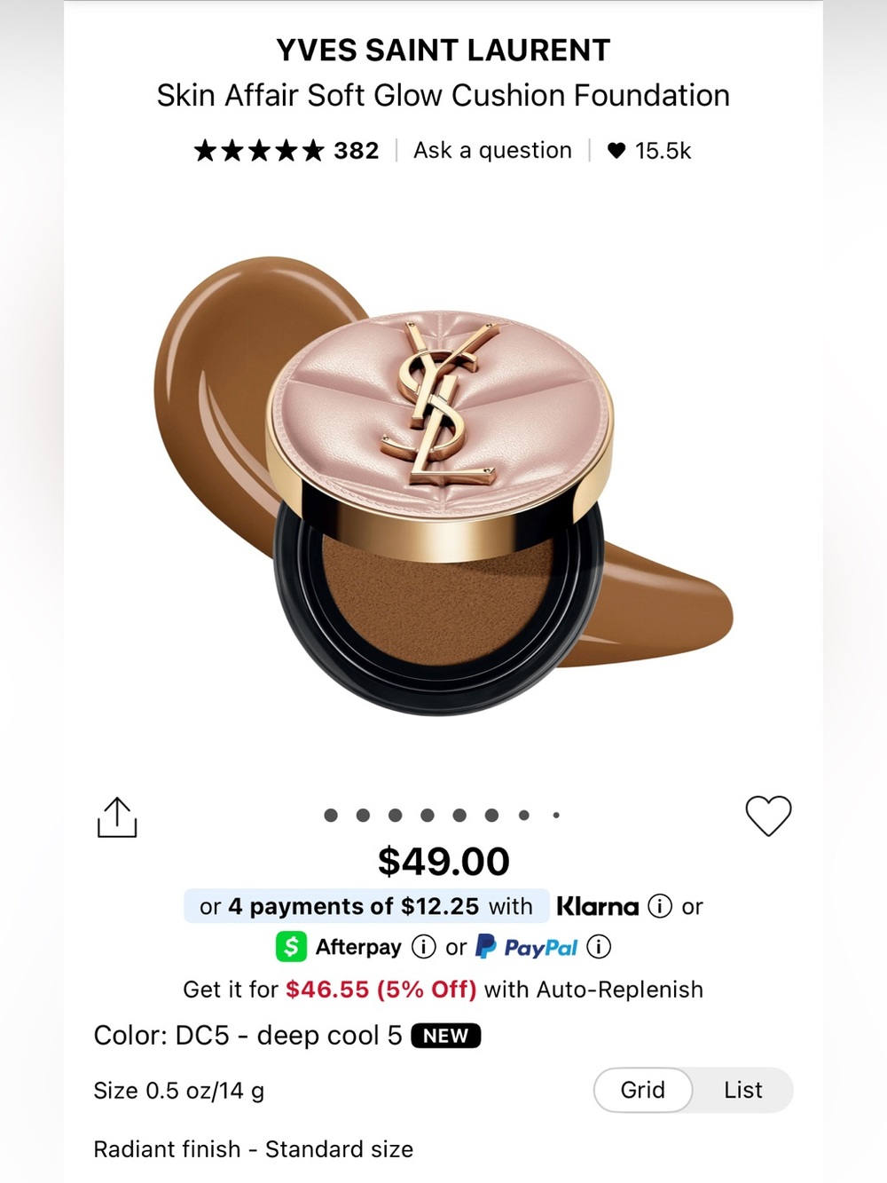 YSL Yves Saint Laurent Soft Glow Cushion Foundation Color: DC5 - deep cool 5